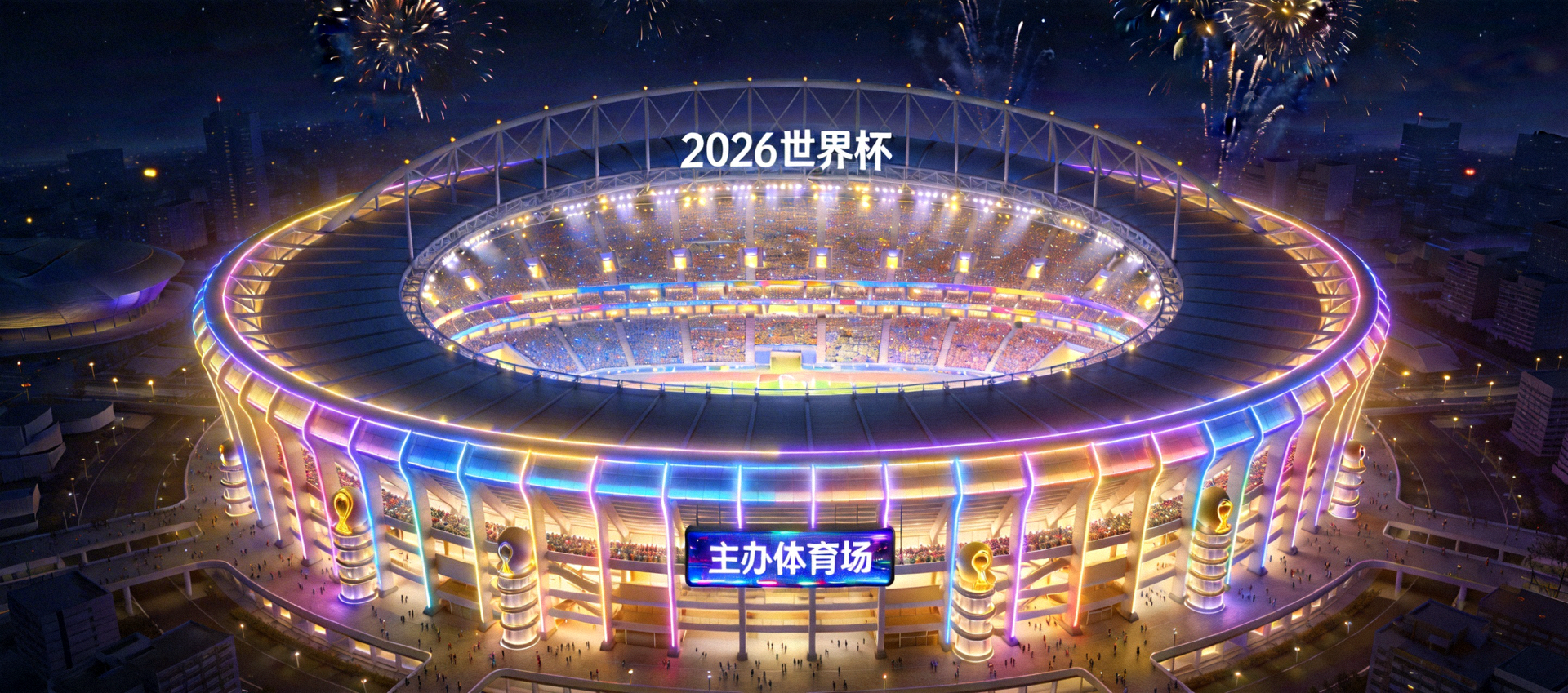 2026年世界杯主办体育场夜景，灯光璀璨，座无虚席